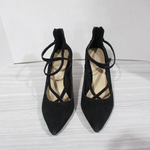 SAKS FIFTH AVENUE 'BERNADET'  3.5" ANKLE STRAP HEELS! BLACK MICRO-SUEDE. - Picture 3 of 13